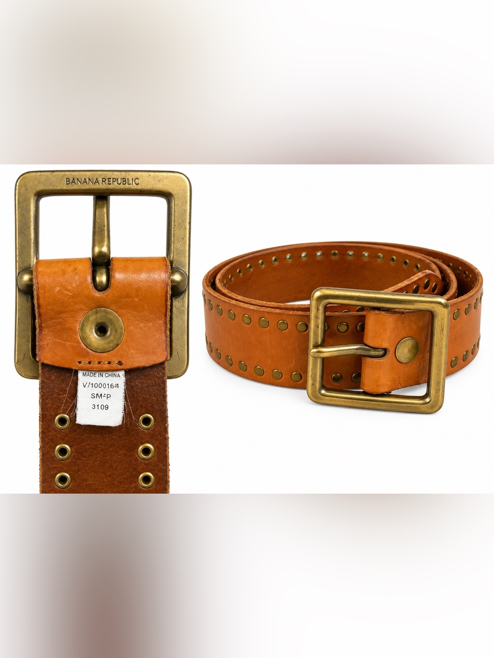 Banana Republic Tan Leather Studded Belt with Brass Buckle